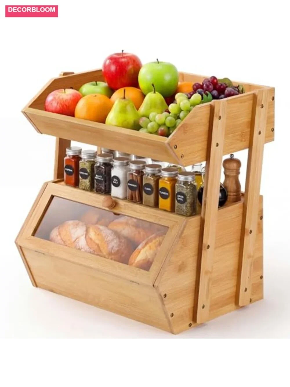 2 Tier Bamboo Bread Box with Fruit Basket for Kitchen Countertop Storage